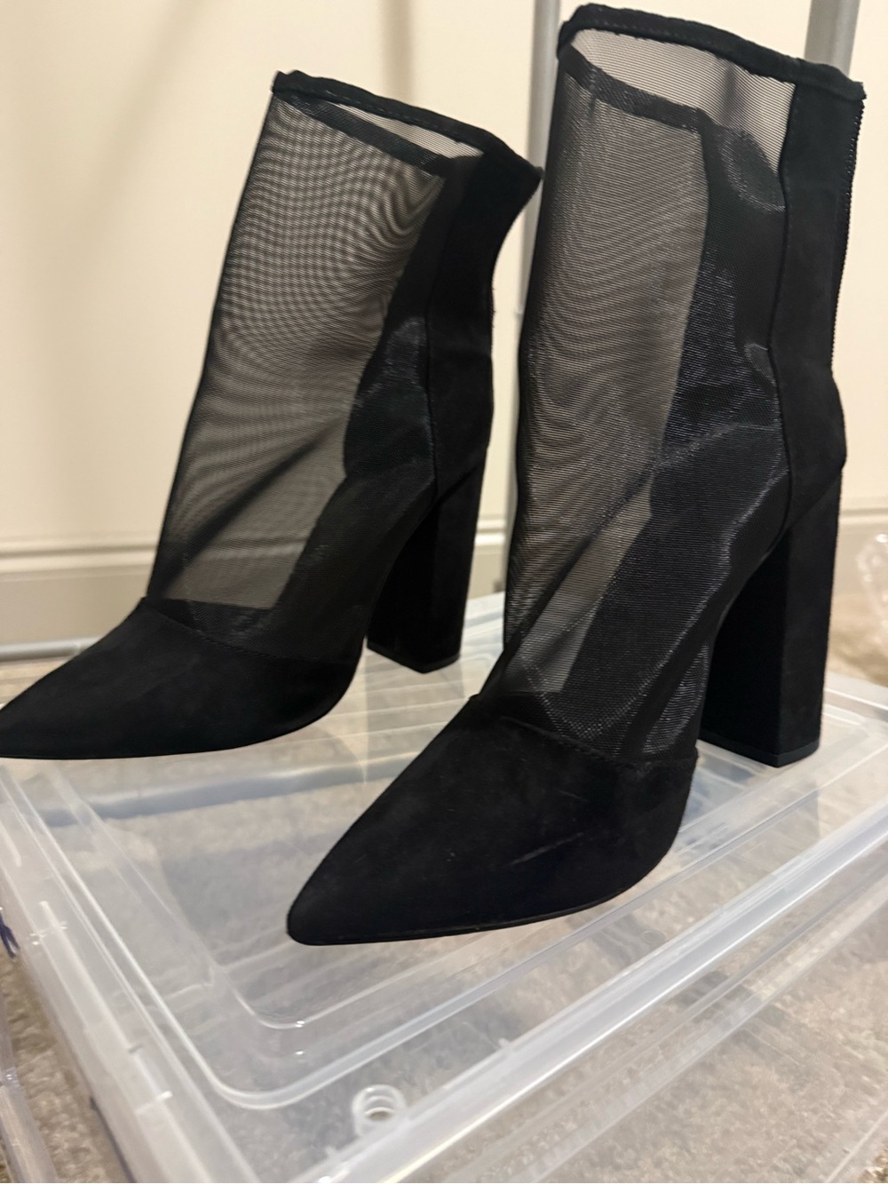 Forever 21 Black Mesh & Suede Pointed Block Heel Ankle Boots